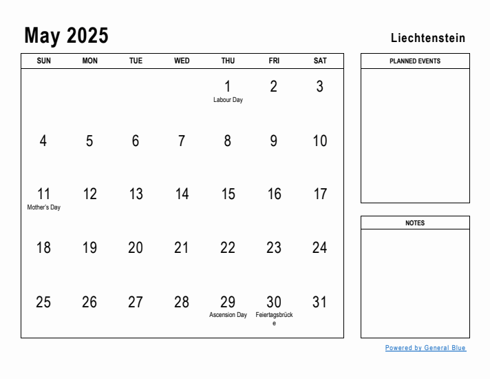 May 2025 Printable Monthly Calendar with Liechtenstein Holidays