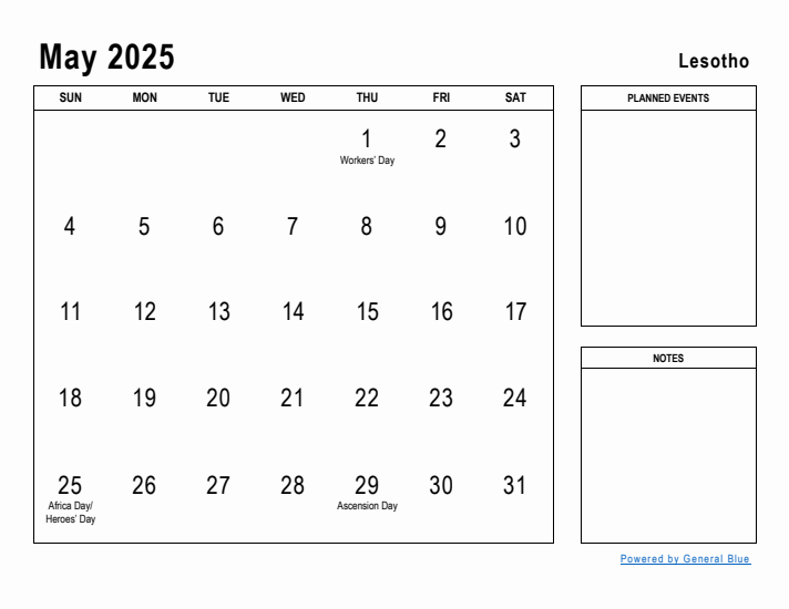 May 2025 Printable Monthly Calendar with Lesotho Holidays