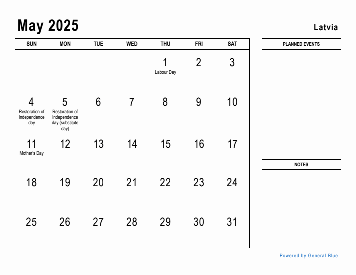 May 2025 Printable Monthly Calendar with Latvia Holidays