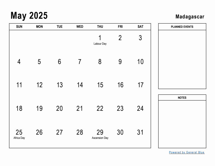 May 2025 Printable Monthly Calendar with Madagascar Holidays