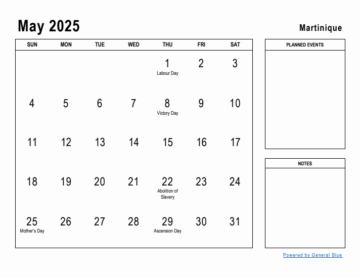 May 2025 Printable Monthly Calendar with Martinique Holidays