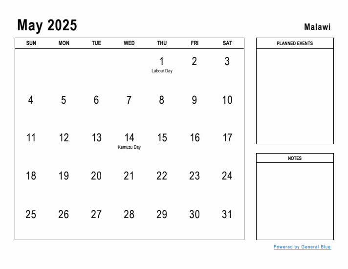 May 2025 Printable Monthly Calendar with Malawi Holidays