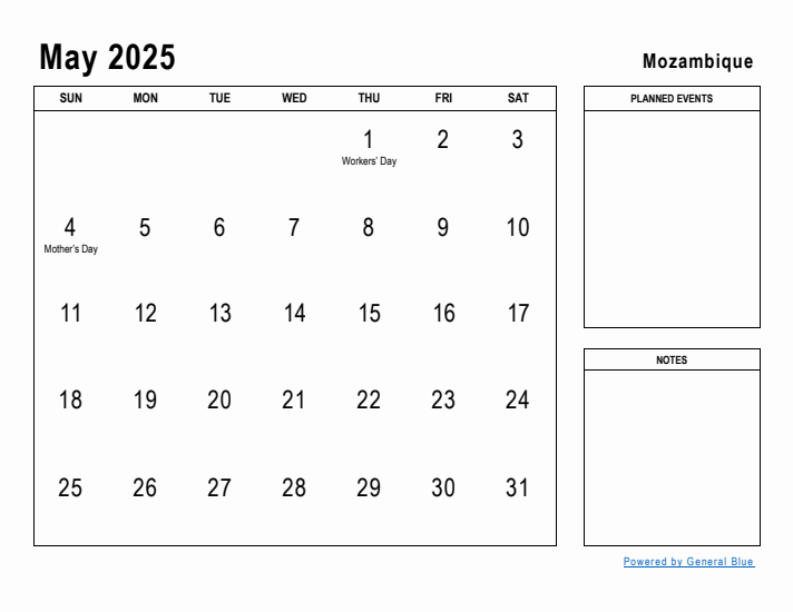 May 2025 Printable Monthly Calendar with Mozambique Holidays