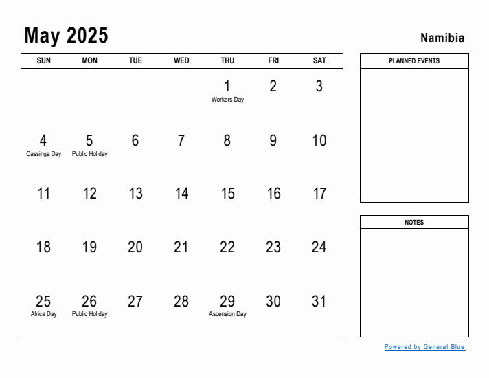 May 2025 Printable Monthly Calendar with Namibia Holidays