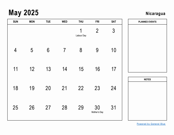 May 2025 Printable Monthly Calendar with Nicaragua Holidays