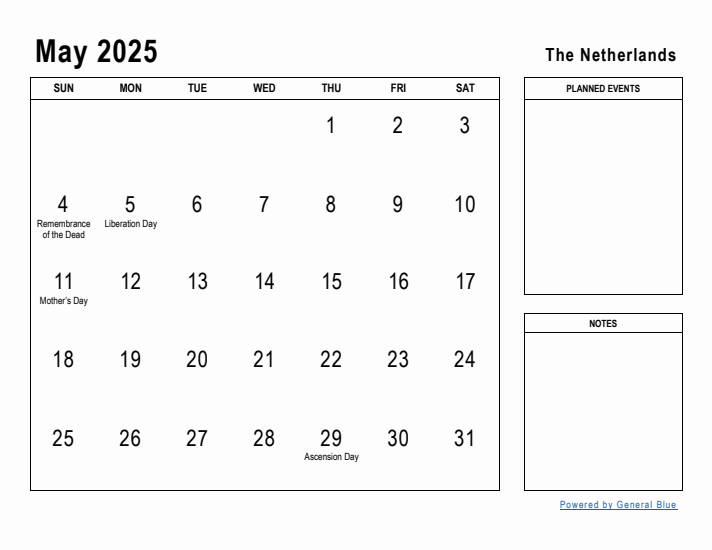 May 2025 Printable Monthly Calendar with The Netherlands Holidays