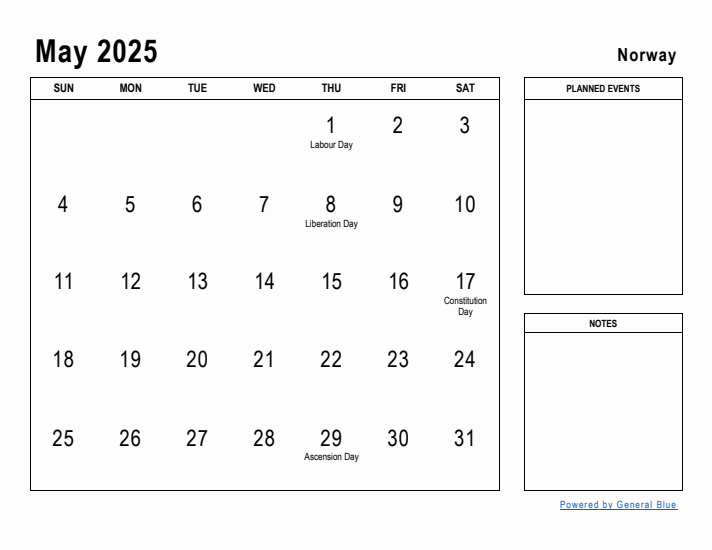 May 2025 Printable Monthly Calendar with Norway Holidays