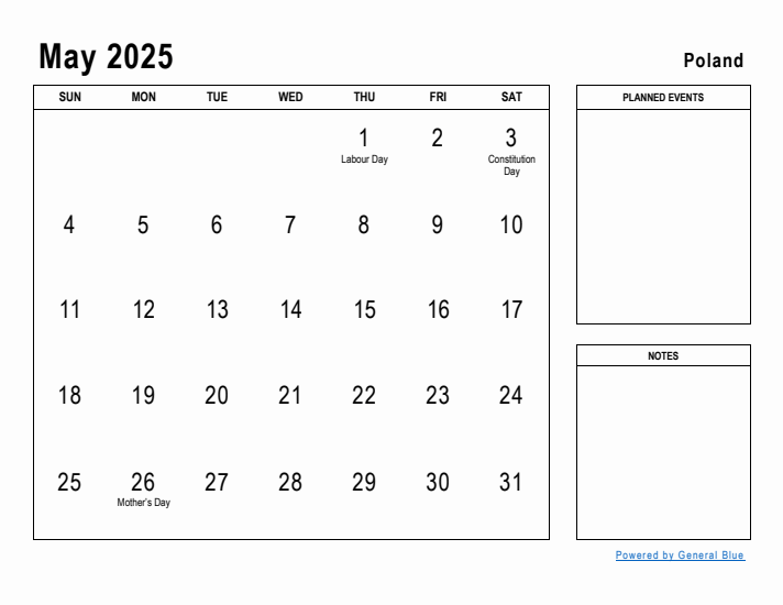 May 2025 Printable Monthly Calendar with Poland Holidays