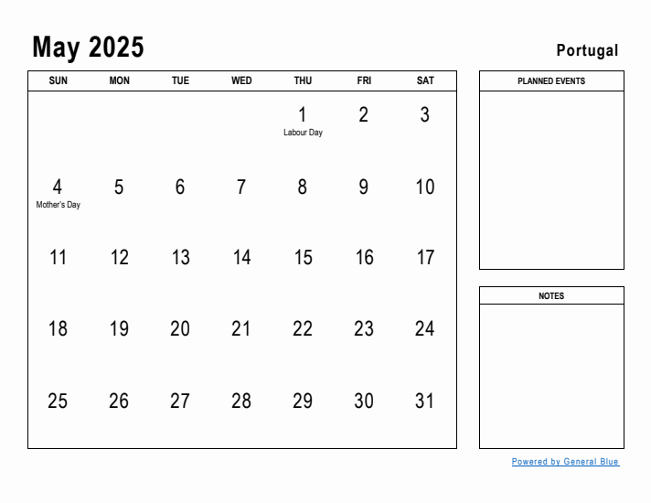 May 2025 Printable Monthly Calendar with Portugal Holidays