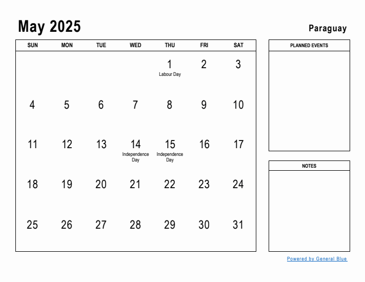 May 2025 Printable Monthly Calendar with Paraguay Holidays