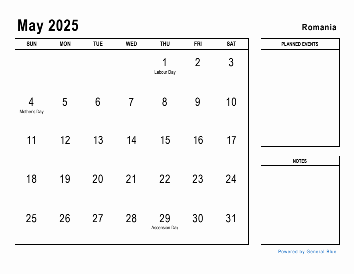 May 2025 Printable Monthly Calendar with Romania Holidays