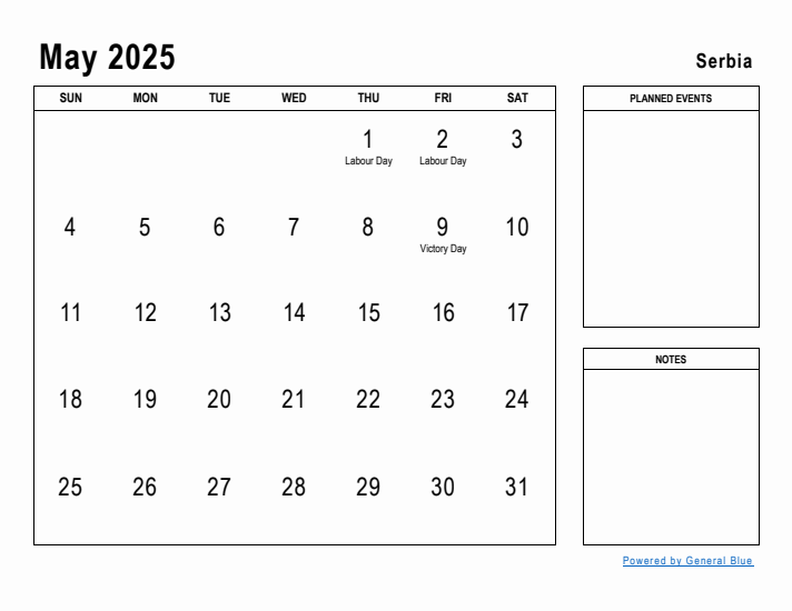 May 2025 Printable Monthly Calendar with Serbia Holidays