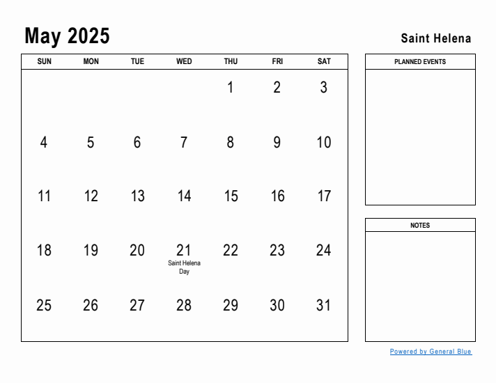 May 2025 Printable Monthly Calendar with Saint Helena Holidays