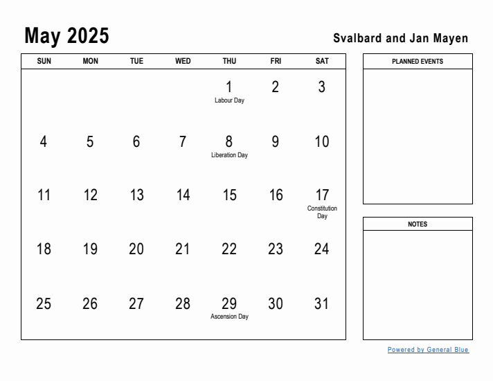 May 2025 Printable Monthly Calendar with Svalbard and Jan Mayen Holidays