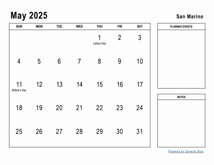 May 2025 Printable Monthly Calendar with San Marino Holidays