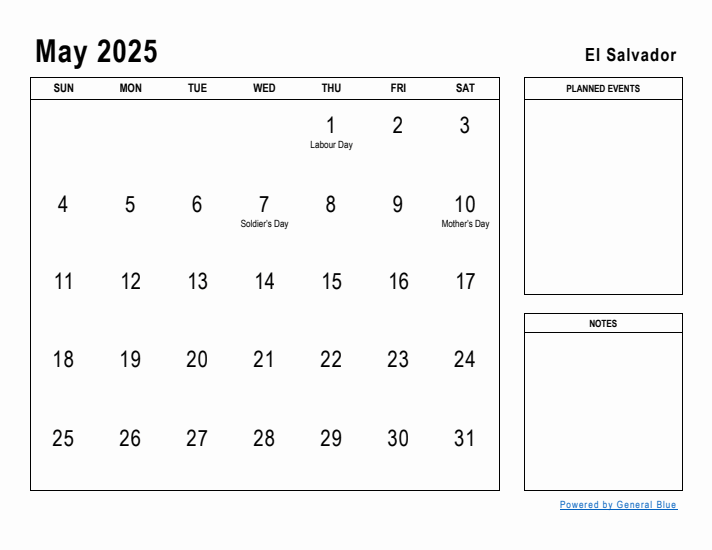 May 2025 Printable Monthly Calendar with El Salvador Holidays