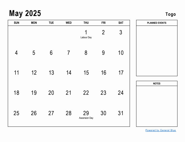 May 2025 Printable Monthly Calendar with Togo Holidays