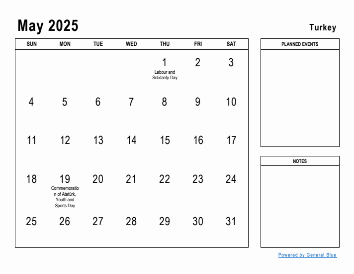 May 2025 Printable Monthly Calendar with Turkey Holidays