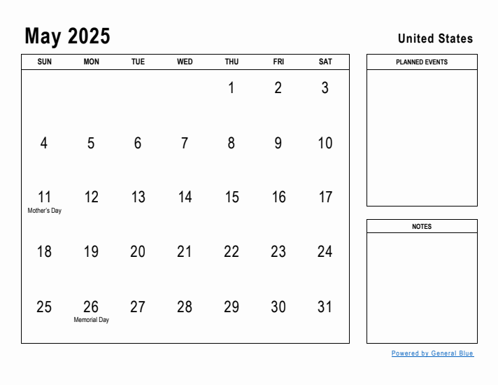 May 2025 Printable Monthly Calendar with United States Holidays