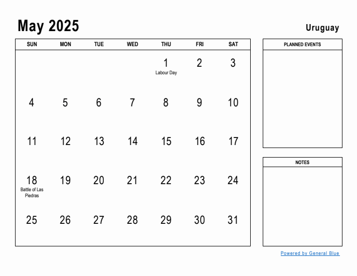 May 2025 Printable Monthly Calendar with Uruguay Holidays