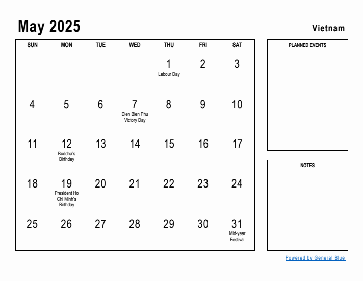 May 2025 Printable Monthly Calendar with Vietnam Holidays