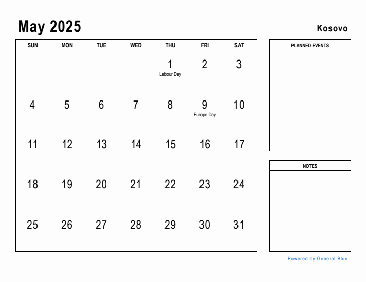 May 2025 Printable Monthly Calendar with Kosovo Holidays