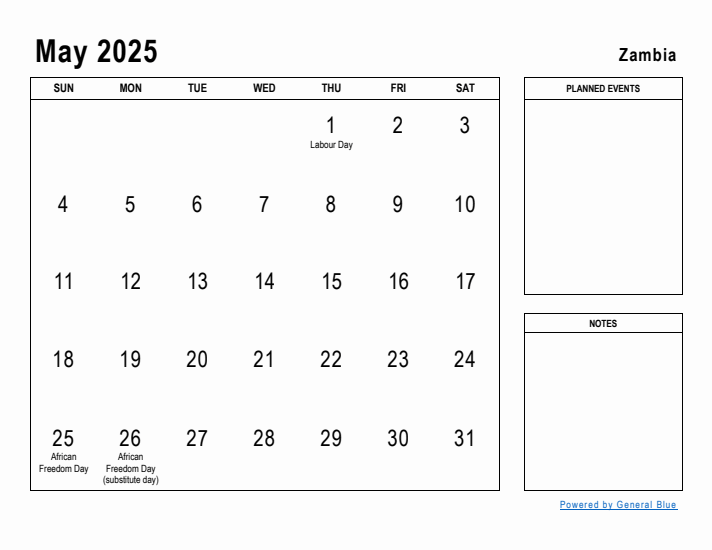 May 2025 Printable Monthly Calendar with Zambia Holidays