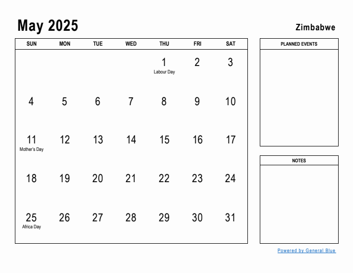 May 2025 Printable Monthly Calendar with Zimbabwe Holidays