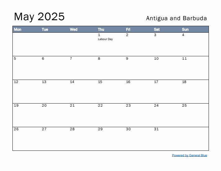 May 2025 Simple Monthly Calendar for Antigua and Barbuda