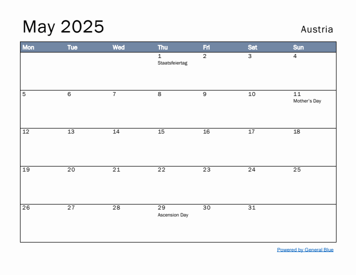 May 2025 Simple Monthly Calendar for Austria