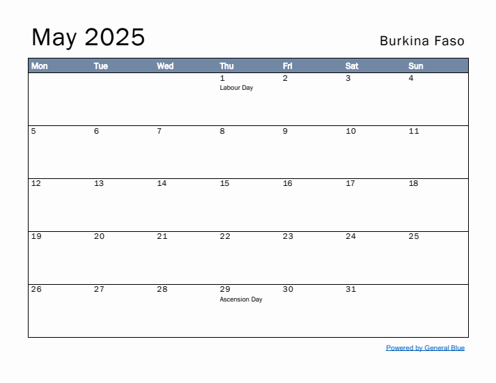 May 2025 Simple Monthly Calendar for Burkina Faso