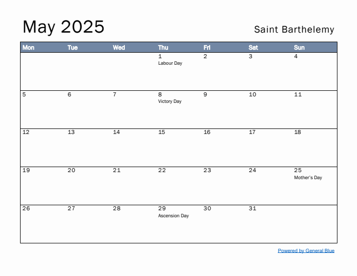 May 2025 Simple Monthly Calendar for Saint Barthelemy