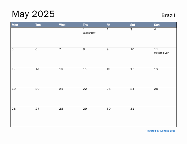 May 2025 Simple Monthly Calendar for Brazil