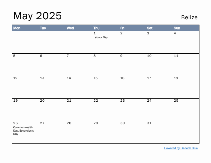 May 2025 Simple Monthly Calendar for Belize