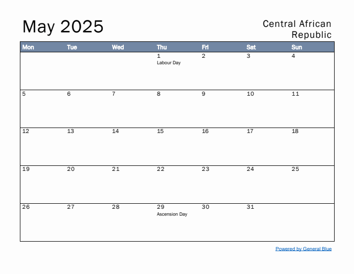 May 2025 Simple Monthly Calendar for Central African Republic