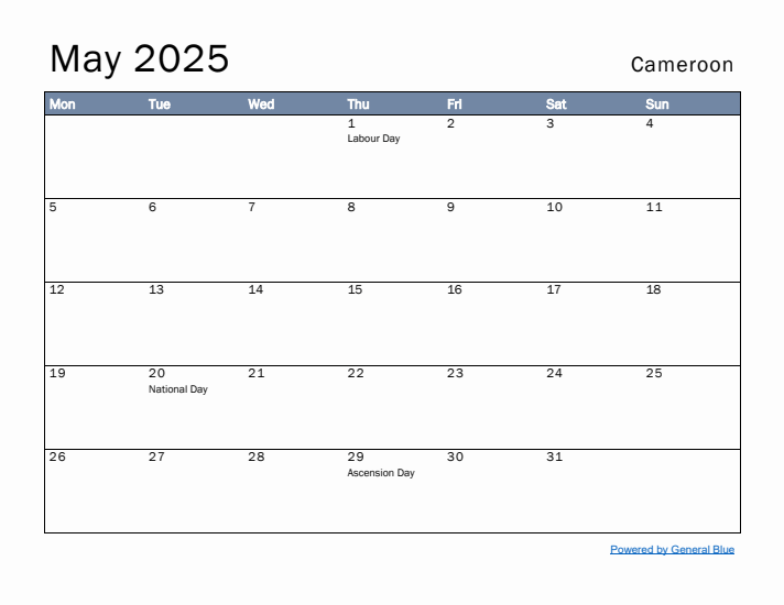 May 2025 Simple Monthly Calendar for Cameroon