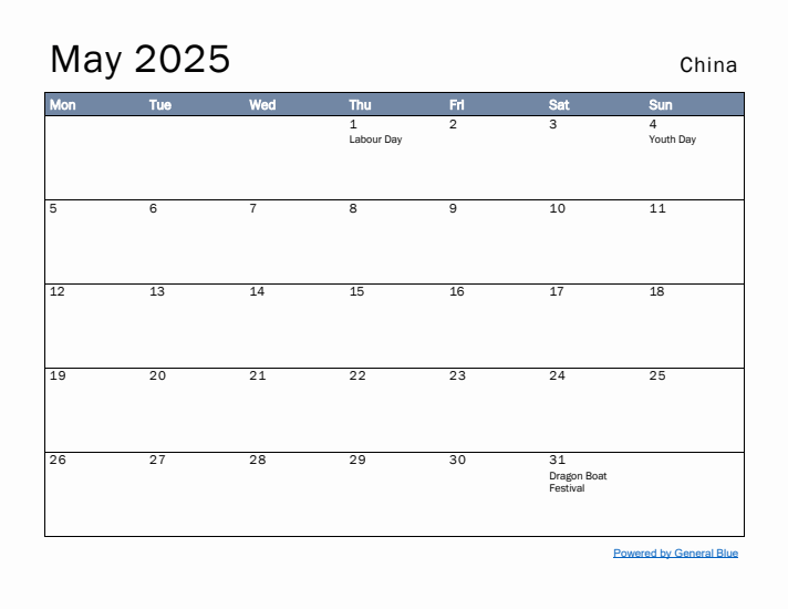 May 2025 Simple Monthly Calendar for China