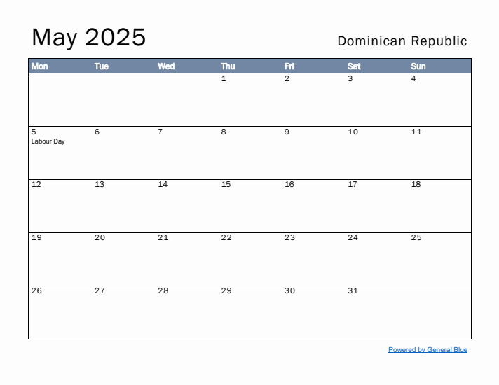 May 2025 Simple Monthly Calendar for Dominican Republic