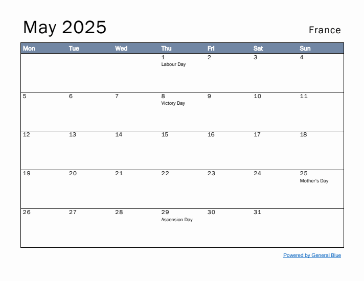 May 2025 Simple Monthly Calendar for France