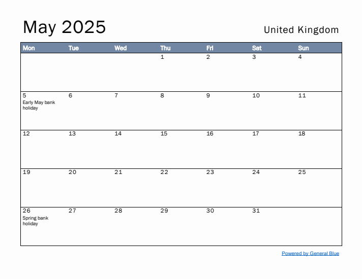 May 2025 Simple Monthly Calendar for United Kingdom