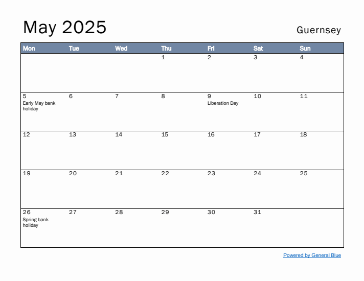 May 2025 Simple Monthly Calendar for Guernsey