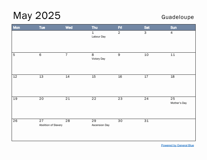 May 2025 Simple Monthly Calendar for Guadeloupe