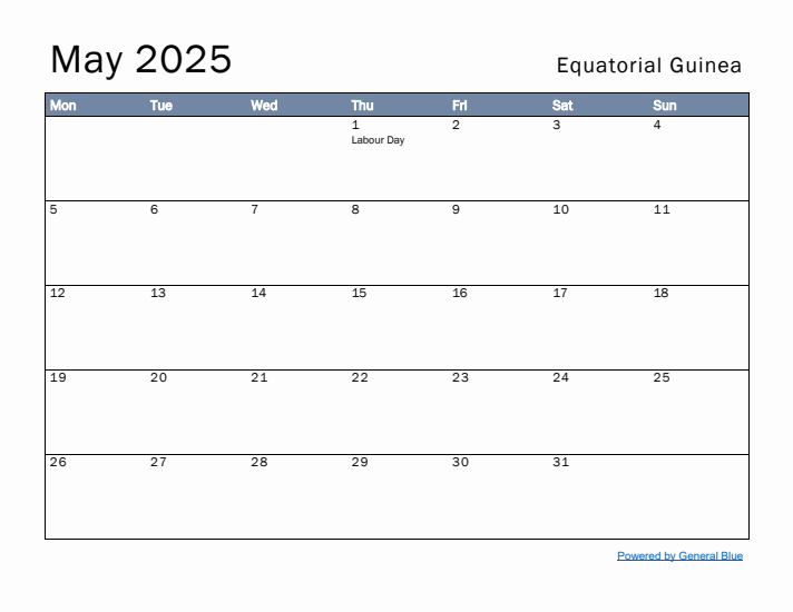 May 2025 Simple Monthly Calendar for Equatorial Guinea