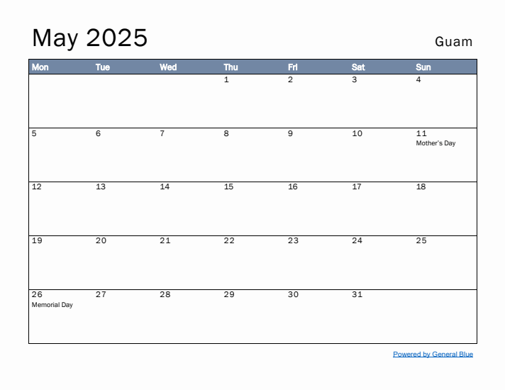 May 2025 Simple Monthly Calendar for Guam