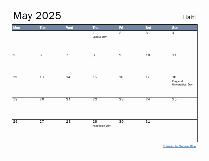 May 2025 Simple Monthly Calendar for Haiti