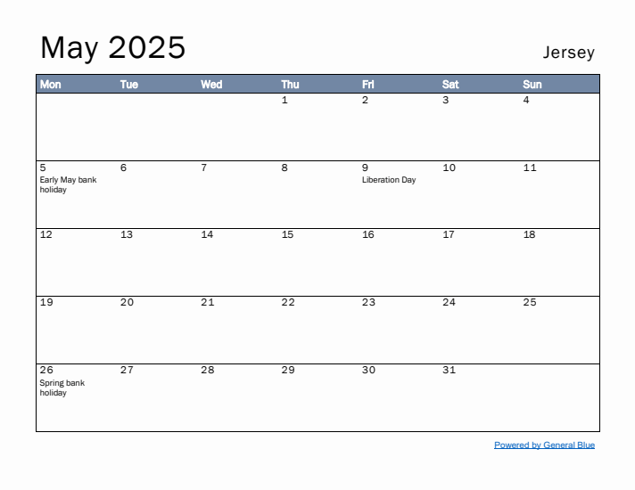 May 2025 Simple Monthly Calendar for Jersey