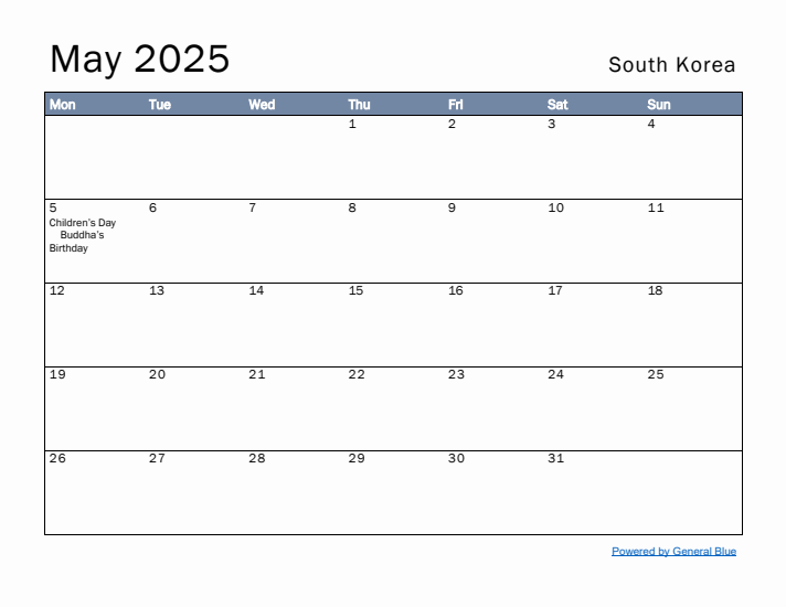 May 2025 Simple Monthly Calendar for South Korea