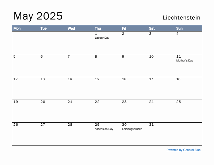 May 2025 Simple Monthly Calendar for Liechtenstein