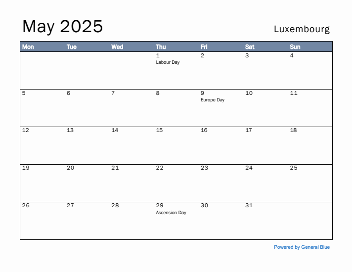 May 2025 Simple Monthly Calendar for Luxembourg