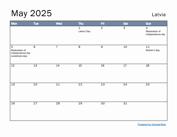 May 2025 Simple Monthly Calendar for Latvia